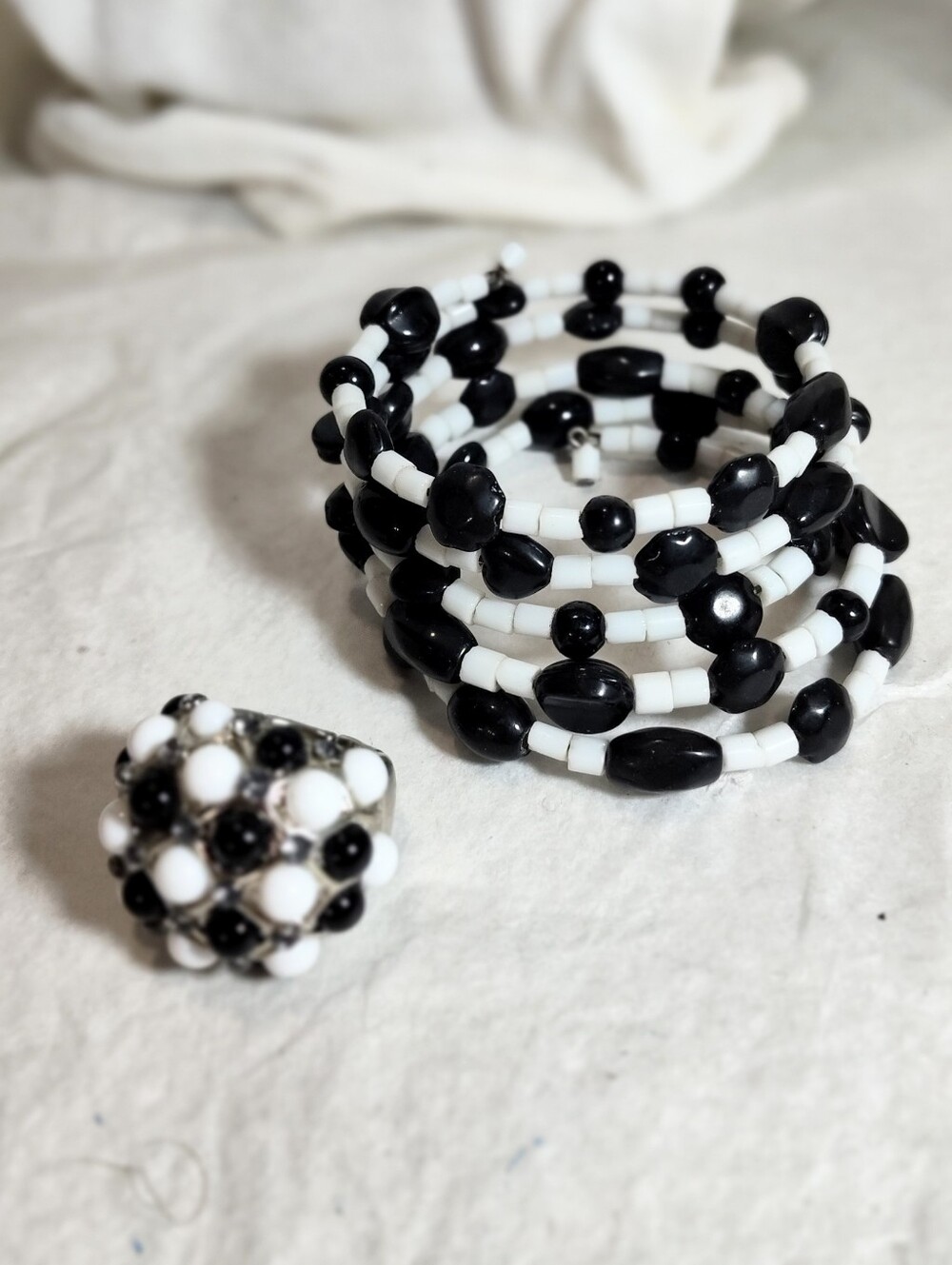 Black & White Beaded Coil Bracelet with Matching Bead Ring